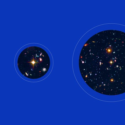 Three circles of increasing size, each containing images of distant stars and galaxies, set against a solid blue background.