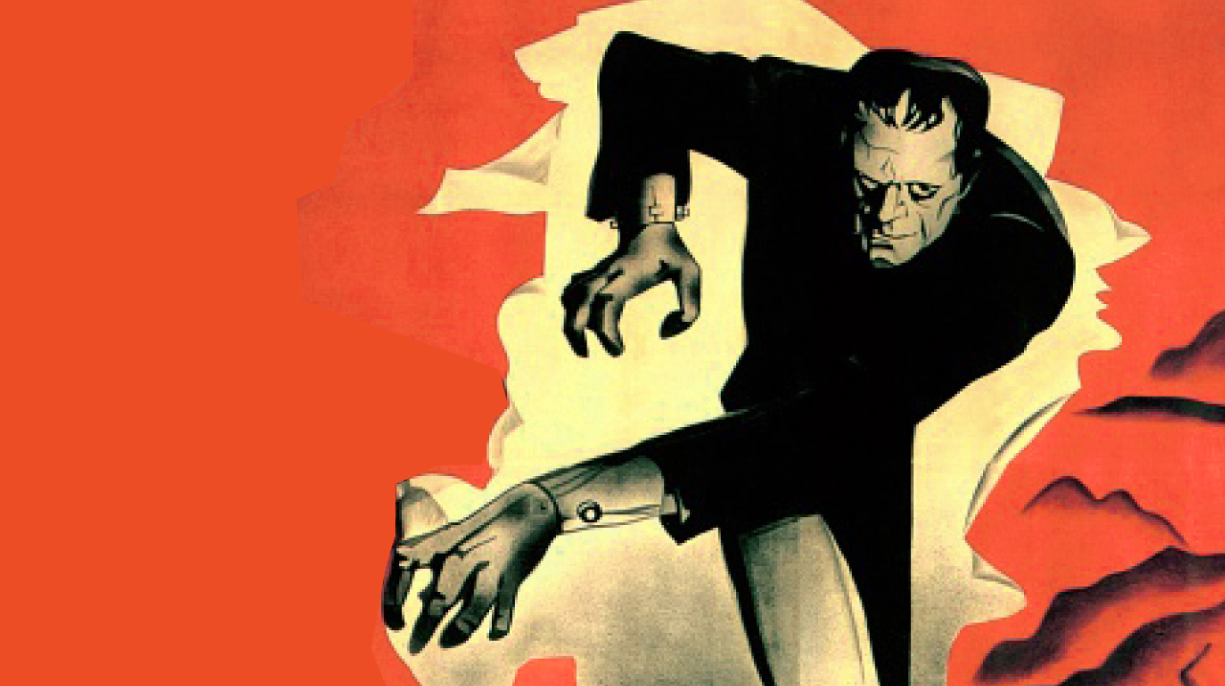 Stylized illustration of Frankenstein's monster with outstretched arms against a red and orange background.