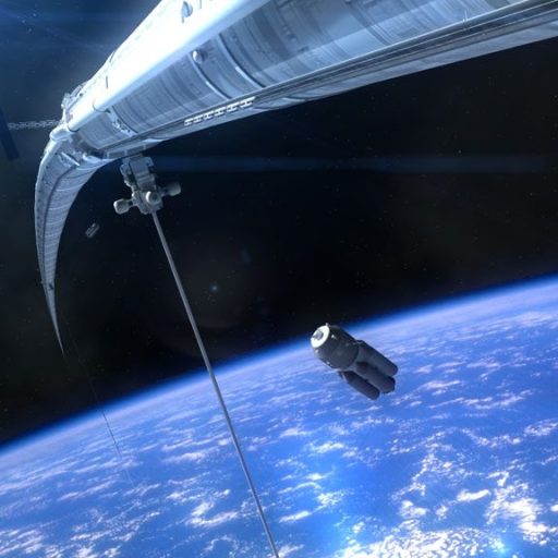 A satellite orbits Earth against a backdrop of space. Below, the Earth's curvature and cloud formations are visible, making our planet seem even bigger.