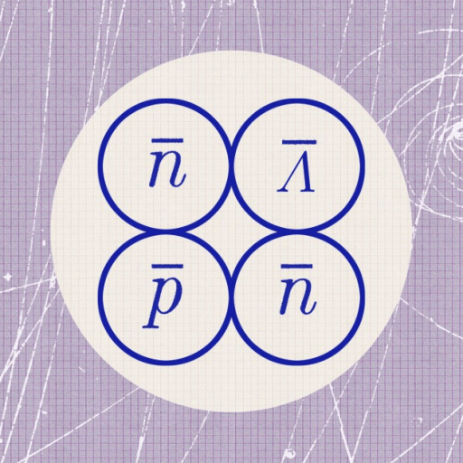 Diagram showing four circles, each containing a different particle symbol: antiproton (n-bar), antineutron (n-bar), anti-lambda (Λ-bar), and antiproton (p-bar), set against a graph-like background.