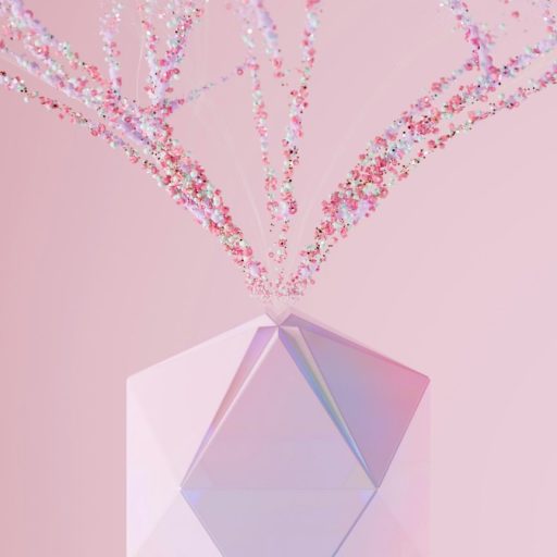 A pink, geometrically shaped object on a light pink background, with colorful sparkles emerging from the top, reminiscent of visual styles often generated by AI models.