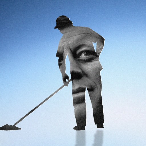 A silhouette of a person using a metal detector merges seamlessly with a large, centered image of JFK's face against a gradient blue background, symbolizing leadership and discovery.