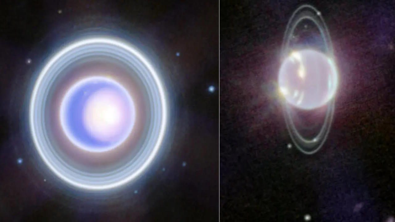 Images show the planet Uranus. The left image highlights its bright rings, while the right image, captured by the James Webb Space Telescope, depicts surprising details of glowing rings and a cloudy atmosphere. Discover more wonders in our solar system with these stunning visuals.