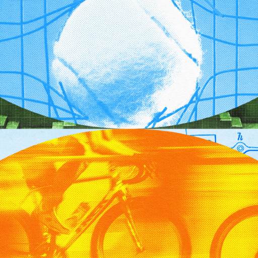 Abstract image featuring a blue-toned sphere with grid patterns above an orange-toned depiction of a cyclist amidst technical drawings, evoking the principle of golden marginal gains.