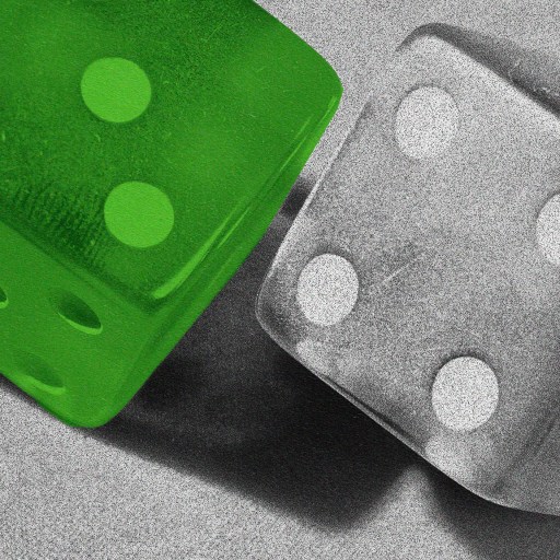 A green die showing two and a gray die showing five are placed on a gray surface, perhaps hinting at a stroke of luck.