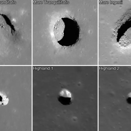Six images of lunar craters including Centra Mare Fecunditatis, Mare Tranquillitatis, Mare Ingenii, Southweast, Schlieter Crater, Highland 1, Highland 2, and Mare Smth.