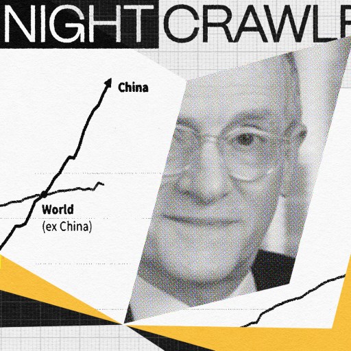 Cover of "The Nightcrawler" featuring a chart showing China's economic growth surpassing the rest of the world, with a pixelated face overlaid. Emphasizing second-level thinking, the "Et . business" logo is in the bottom right corner.