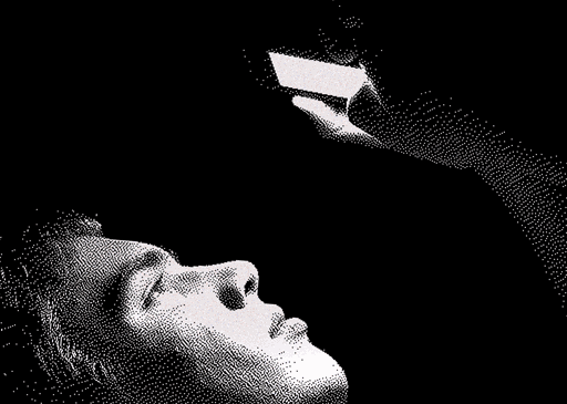 A person is lying down in the dark and looking at a smartphone held above their face.