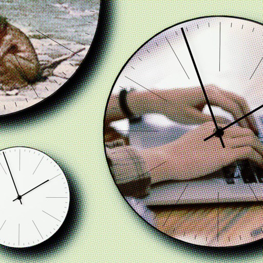 A collage of clock faces—one depicting cavemen, another showing hands typing on a laptop, and a blank clock—symbolizes the hyperefficient evolution of work over time.