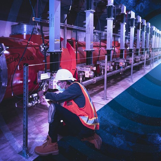 A worker in a hard hat and safety vest adjusts equipment in a facility alongside large red machinery labeled "Jefferson Lab." The scene fades into concentric circles, as if drawn by the powerful collider, leading to a bright light.