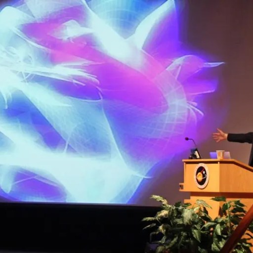 A person is giving a presentation at a podium with a large abstract, colorful light pattern displayed on a screen behind them.