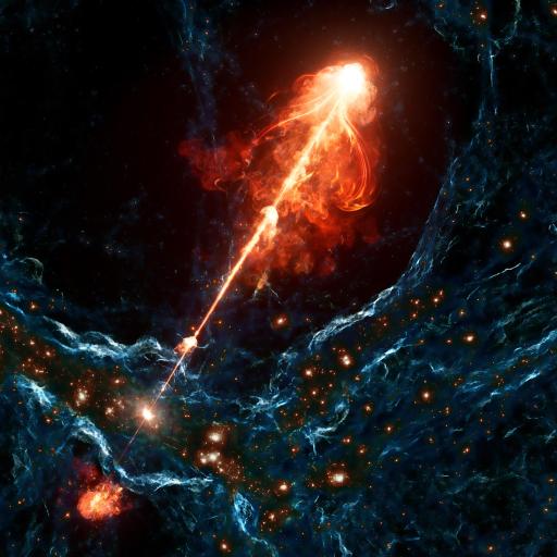 A vivid depiction of a cosmic event showing a jet of orange and red energy extending from a bright source in the vastness of space, surrounded by stars and interstellar matter.