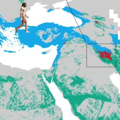 A map depicting historical migration paths with two human figures positioned in different regions, illustrating ancient travel routes. The map shows various colored regions representing different terrains.