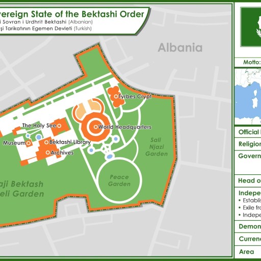 Map of the Sovereign State of the Bektashi Order, showing key locations such as the World Headquarters and Library, with details on independence, language, religion, government, and currency.