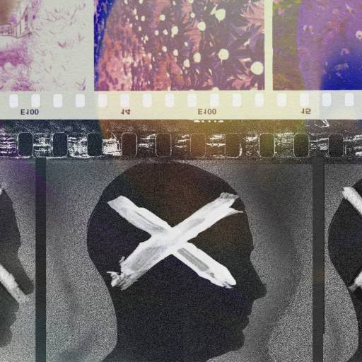 Film strip collage of abstract images—including faces with X marks, colorful patterns, and nature elements—evokes the vibrant allure of "Crazy Rich Asians.