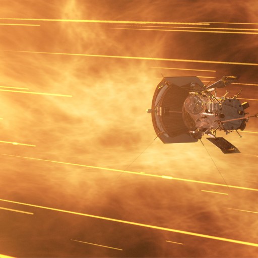 A spacecraft travels at the fastest spacecraft speed record through bright, yellow-orange streaks of plasma and solar wind near the Sun.