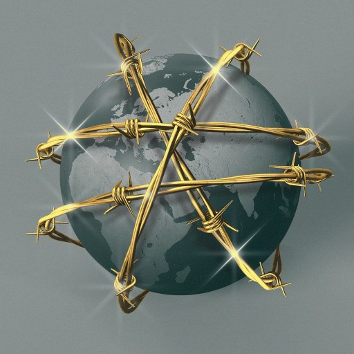 A globe is encircled by golden barbed wire against a gray background, evocative of autocracy and symbolizing restriction or confinement with a sense of luxury.