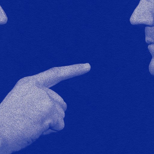 Two men in profile face each other. One points a finger at the other, who remains still, poised to embrace counterarguments. The image features a blue color overlay.