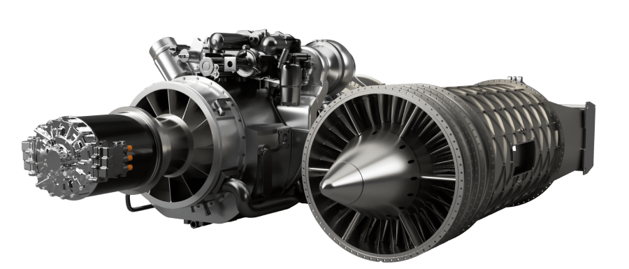 Image of a jet engine showing the fan blades, compressor, combustion chamber, and turbine. The complex machinery is metallic and intricate, illustrating the components of a modern turbojet engine.