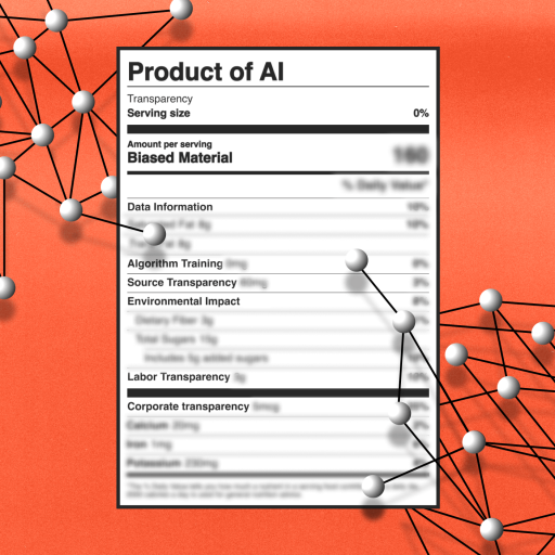Image of a product label for "Product of AI" with details about transparency, biased material, data information, algorithm training, source transparency, environmental impact, labor transparency, corporate transparency—an approach endorsed by experts like Gary Marcus in the field of AI.