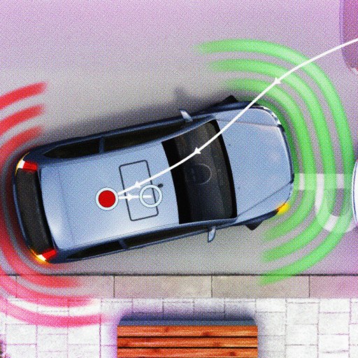 Aerial view of a car parking with proximity sensors activated, showing red and green signals indicating object detection around the vehicle.