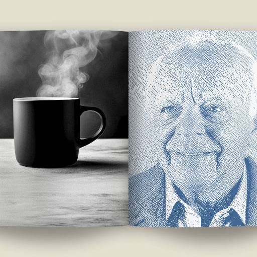 A book open to a black and white photo of a steaming mug on the left page and a detailed, artistic portrait of an elderly person on the right page, capturing a sense of rival camaraderie through the contrasting images.