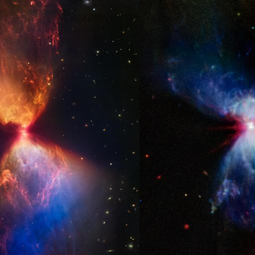Two views of the same celestial object: the fiery orange-blue image on the left and a cooler blue-pink image on the right, showcasing an hourglass-shaped cloud of gas and dust in space.