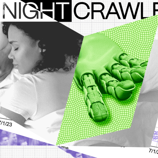 A collage featuring a sleeping person, a 3D-rendered hand, and various graphs with dates and "gpt-4" labels, overlaid by the text "The Nightcrawler," subtly highlights themes of the attention economy.