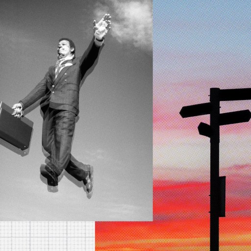 Collage showing a man in a suit with a briefcase floating, silhouettes crossing a street, and a signpost against a colorful sky, symbolizing leadership and direction.