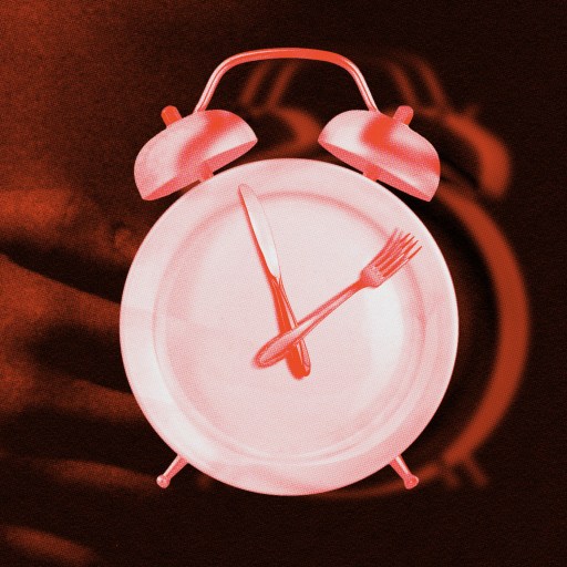 A stylized clock with a plate as the face and a fork and knife as the hands, emitting a red glow against a dark background, symbolizes the ritual of fasting.