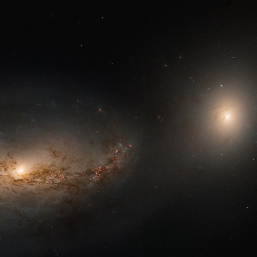 A detailed image of two galaxies in space, one with spiral arms on the left and the other, more elliptical, on the right, surrounded by distant stars.