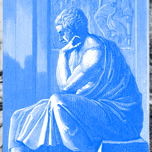 Three historical figures in a collage: on the left and right, black and white sketches of two different men; in the center, a blue-toned image of a statue of a seated, thinking person—a perfect visual encapsulation of philosophy for leaders.