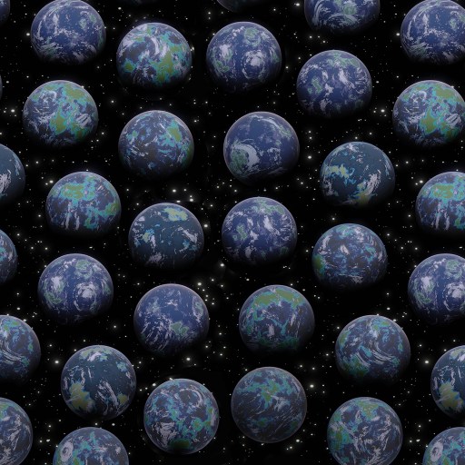 Rows of identical Earth-like planets stretch out into the vast copy multiverse, with a dark starry background visible between them.
