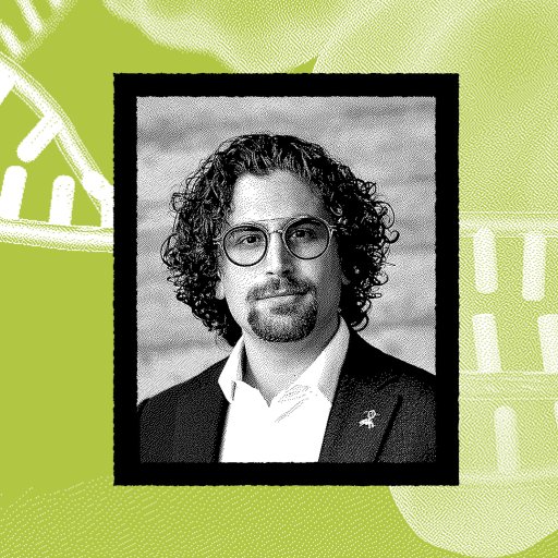 A black-and-white portrait of a man with curly hair, glasses, and a beard is centered against a green and blue background with abstract DNA helix patterns, representing leadership essentials.