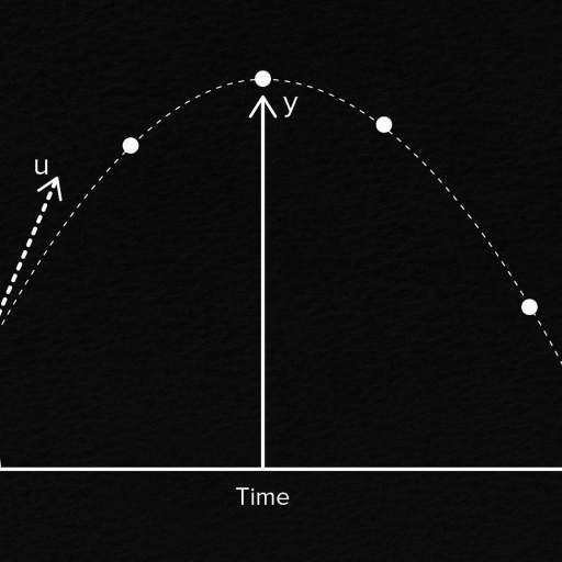 A graph depicting projectile motion with displacement on the vertical axis and time on the horizontal axis. The projectile's trajectory forms a perfect parabola, with initial velocity u and angle θ clearly indicated.