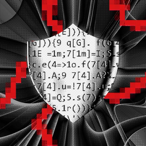 A stylized digital shield in the center, surrounded by red pixelated designs, with quantum code fragments displayed on the shield. The background has black, swirling patterns, reminiscent of encryption tools at work.