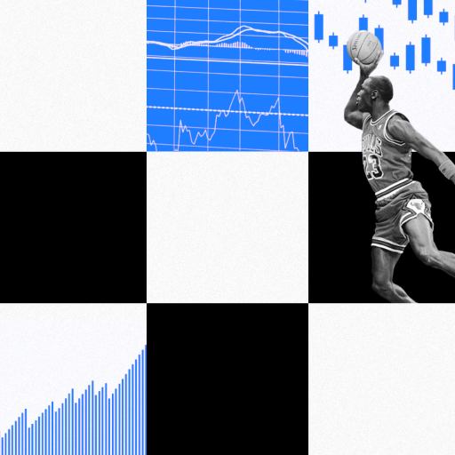 A collage features a tennis player and a basketball player against a backdrop of financial charts, graphs, and mathematical equations on a checkered pattern.