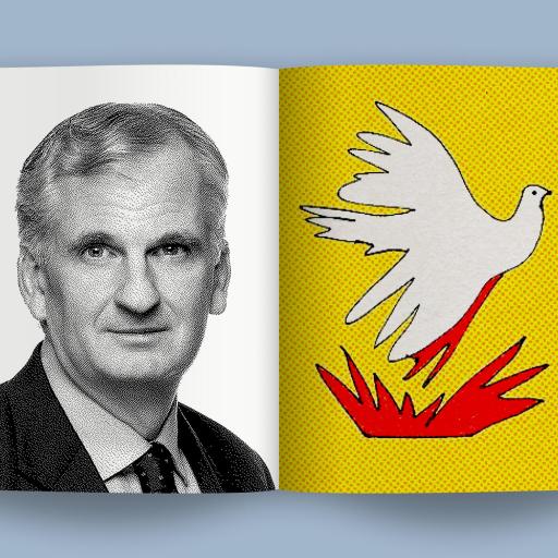 A grayscale photo of a man is on the left page of an open book, while the right page features an illustration of a white dove with red accents on a yellow background, symbolizing freedom.