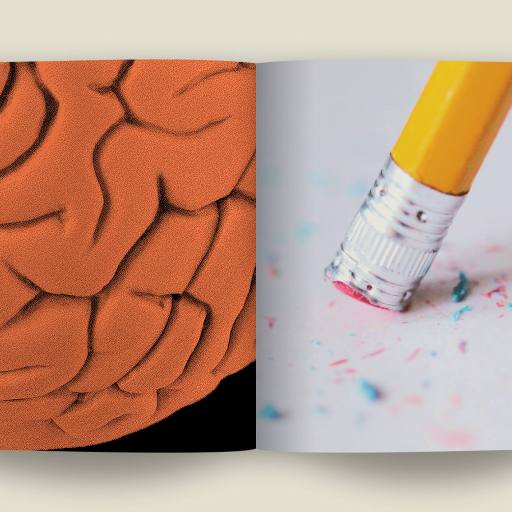 Open book with an image of a brain on the left page and a pencil eraser unlearning old marks on the right page.