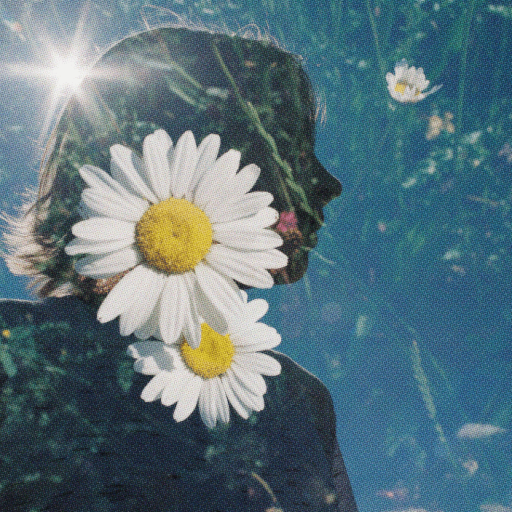 Silhouette of a person with their back to the camera, superimposed with daisies and a bright sun above, set against a clear blue sky, evoking a sense of wonder.