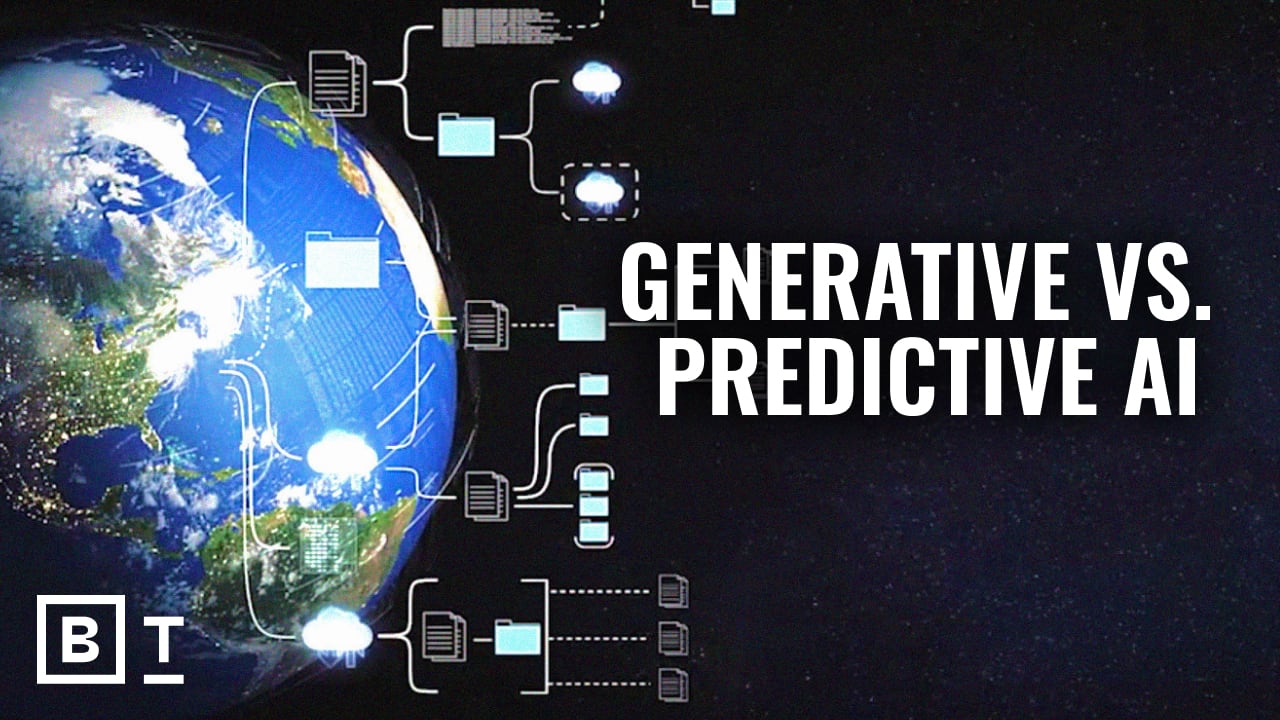 Illustration comparing generative and predictive AI with a visual of Earth connected to digital data icons.