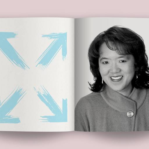An open book shows a portrait of a smiling woman on the right page and four blue arrows pointing outward on the left, leading your eyes to something bigger beyond its pages.
