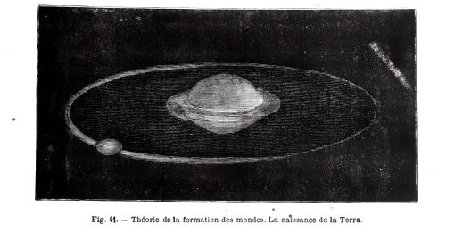 Illustration showing a planet with rings and a small orbiting body. Text below reads, "Th&eacute;orie de la formation des mondes. La naissance de la Terre.