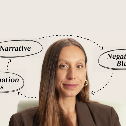 Person with long hair, wearing a brown blazer, surrounded by text bubbles labeled "Narrative," "Negativity Bias," and "Confirmation Bias." Arrows connect the bubbles.
