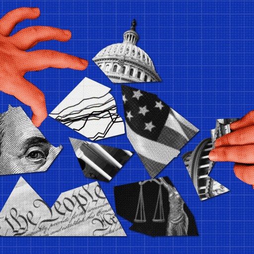 Two hands piecing together a collage of illustrations including elements like the US Capitol dome, an American flag, a portion of the US Constitution, and an eye from a dollar bill against a blue background.