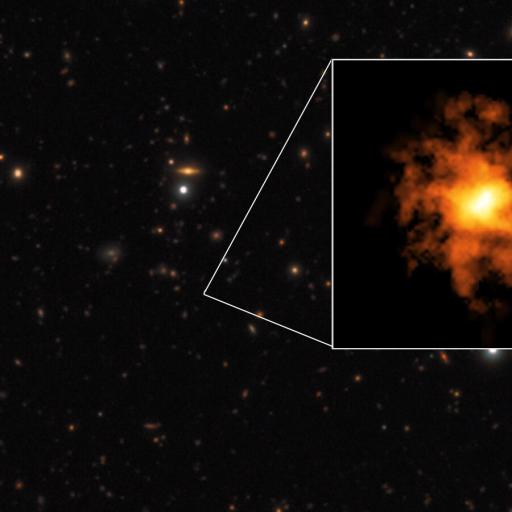 A starry sky with a magnified view highlights an orange, cloud-like structure representing one of the youngest astronomical objects in the Milky Way, shimmering as it subtly rotates.