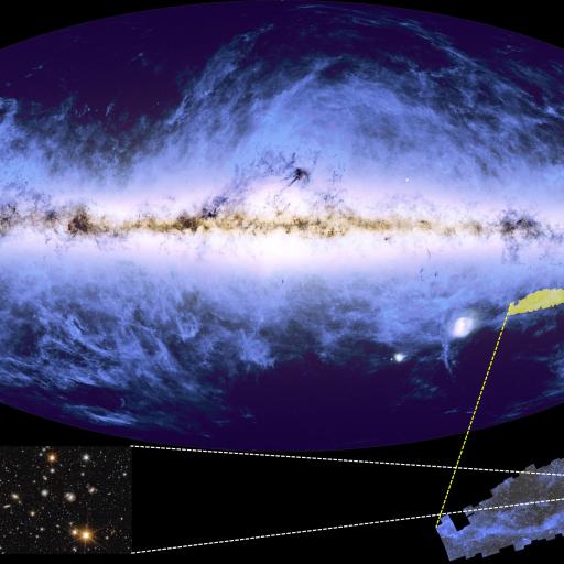 A panoramic image of the Milky Way galaxy, with an inset showing a zoomed view of distant galaxies, tells a cosmic story. This region, highlighted in textured detail, echoes the exploration themes of the Euclid mission.