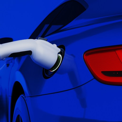 Electric vehicle in blue being charged with a white charging cable against a blue background.