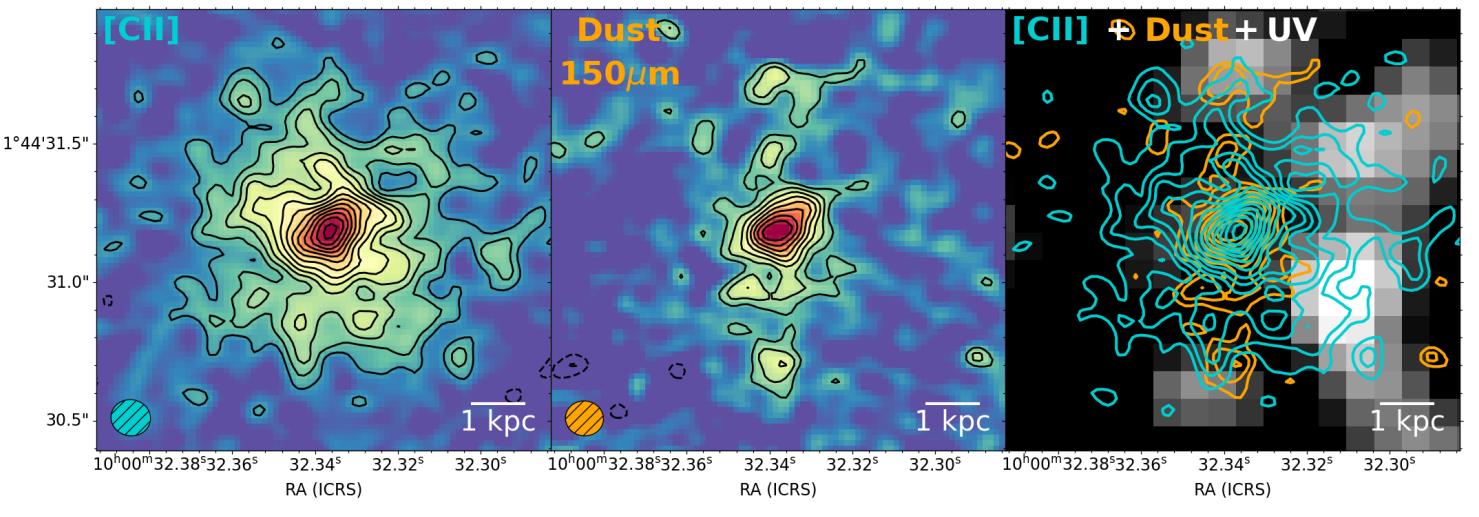 Three-panel image showcasing astronomical data: [CII] emission, dust at 150&mu;m, and a combined view&mdash;including the youngest celestial formations&mdash;of [CII], dust, and UV. Each panel features contour lines and a scale of 1 kpc as the Milky Way rotates.