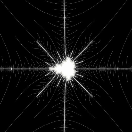 Fractal pattern with a bright white center and symmetrical, radiating lines on a black background, resembling an intricate dance of math and physics.